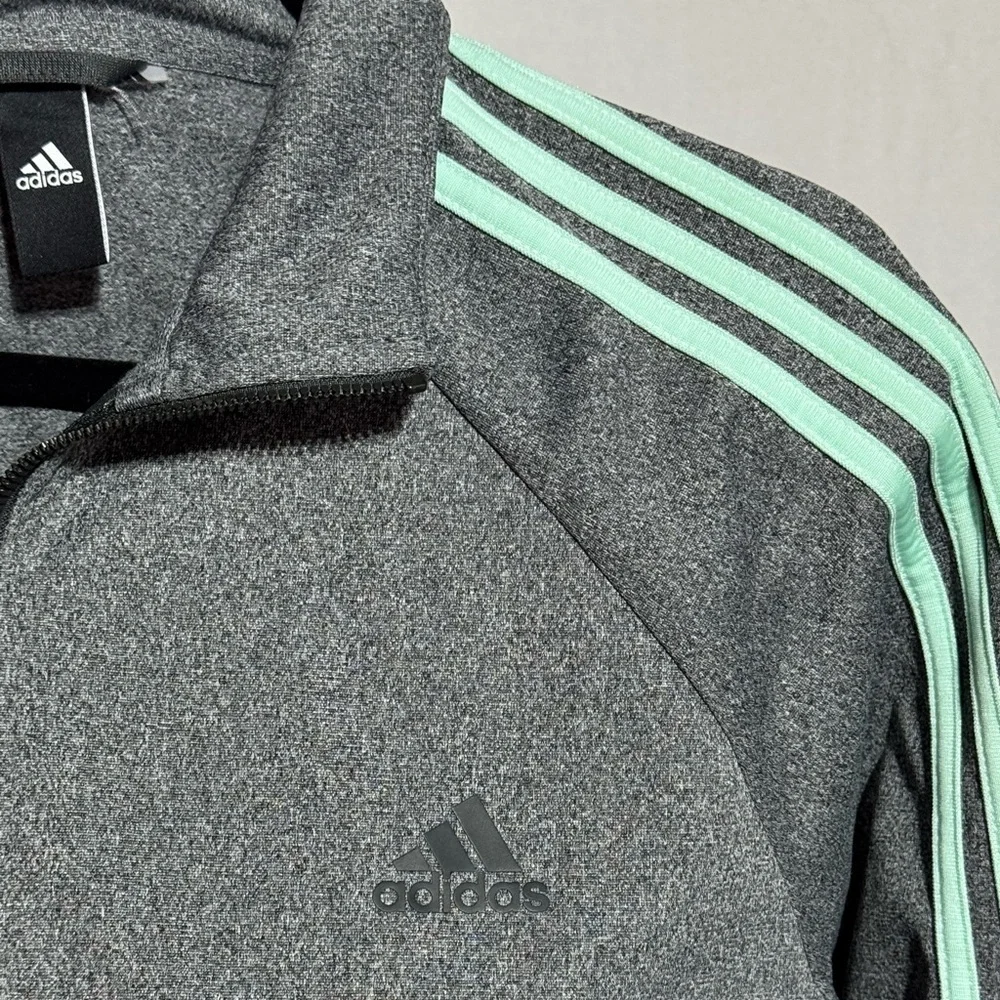 Adidas Heather Gray With Aqua Stripes Full Zip With Pockets Size Large - Picture 2 of 7